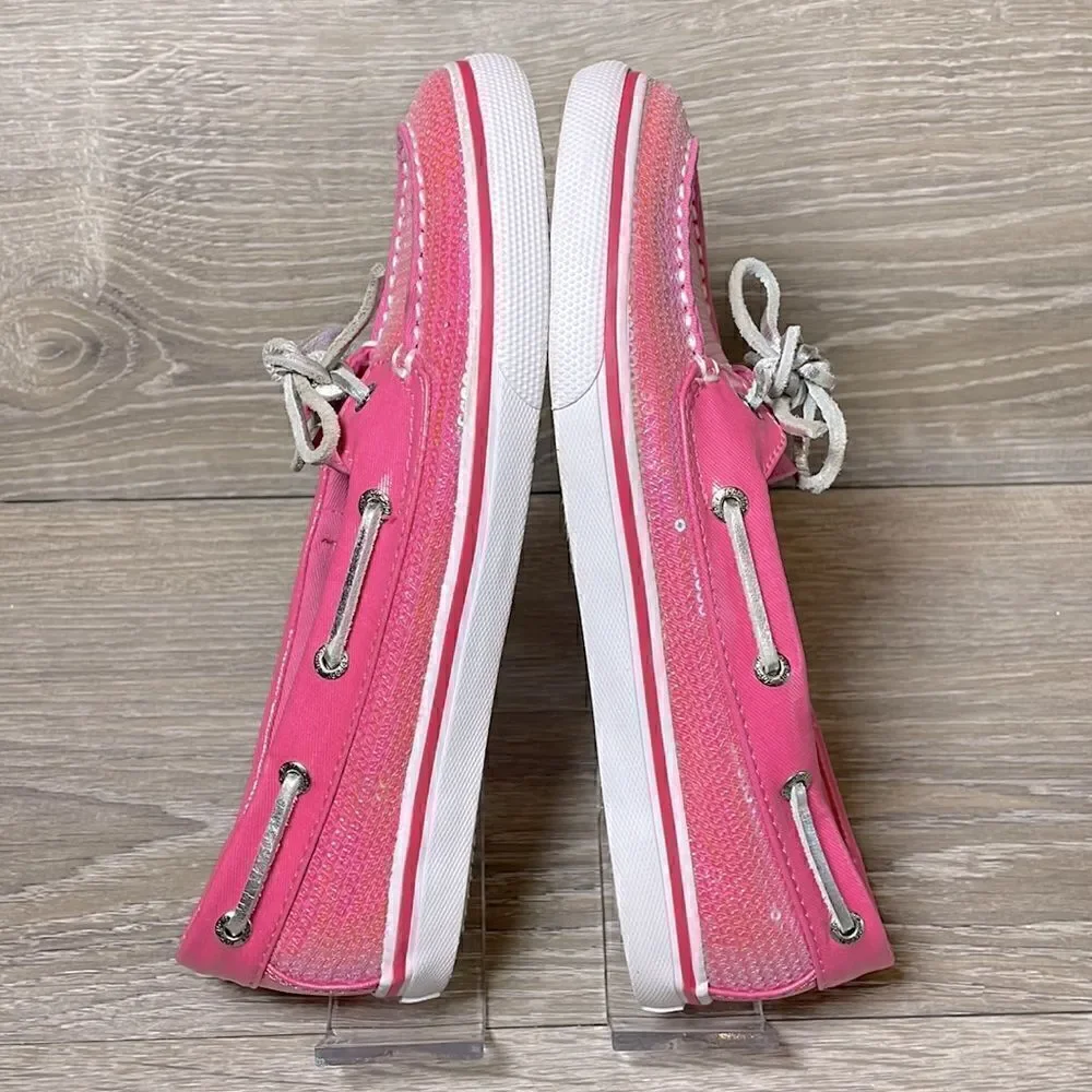 Sperry Top Sider Bahama One Eye Big Girl Sz 5M Pink Sequin Slip On Boat Shoe